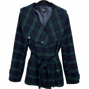 CoffeeShop New York Plaid Wrap Coat — Navy & Green — Size M